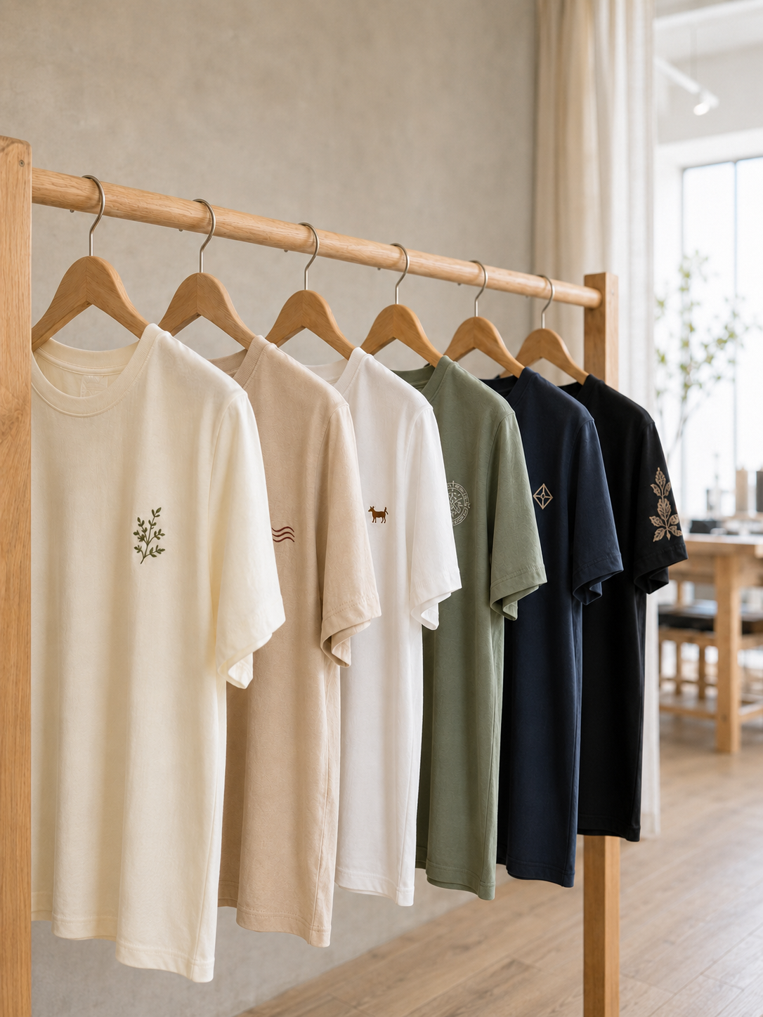 ハンガーラックに並ぶ、ワンポイント刺繍を入れた6色のTシャツ